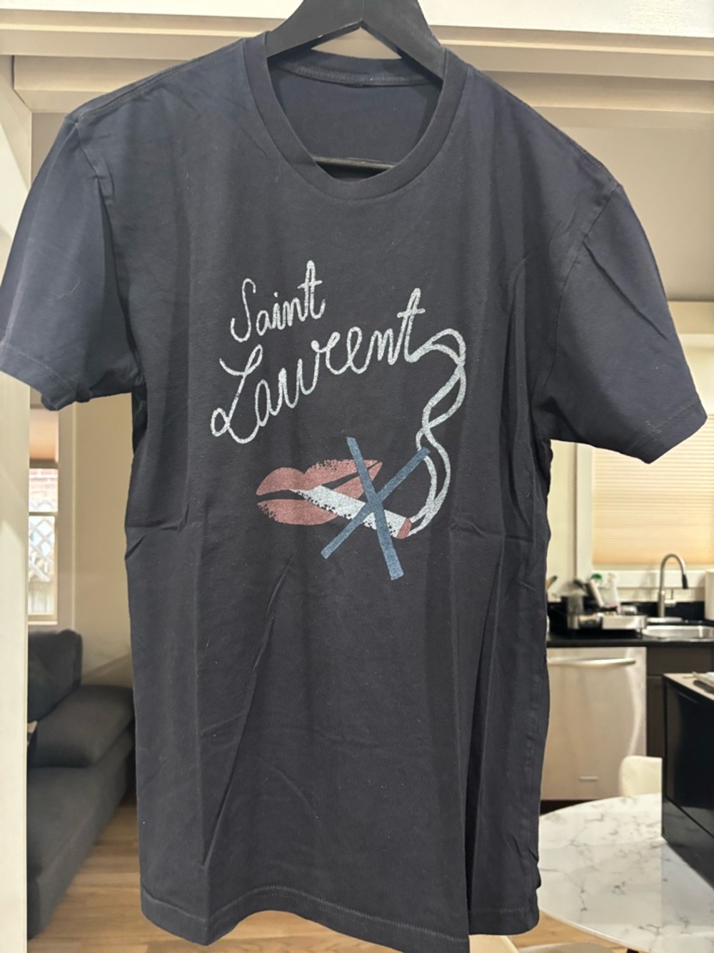 Saint Laurent Black Tee with Script and Pink Lips